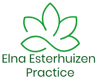 Logo for Elna Esterhuizen Counselling Practice featuring a green, stylized leaf design.
