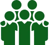 Green icon depicting five stylized human figures standing together, suggesting teamwork or community.
